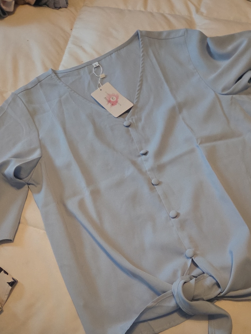 Light Blue V-Neck Tie-Hem Women's Top